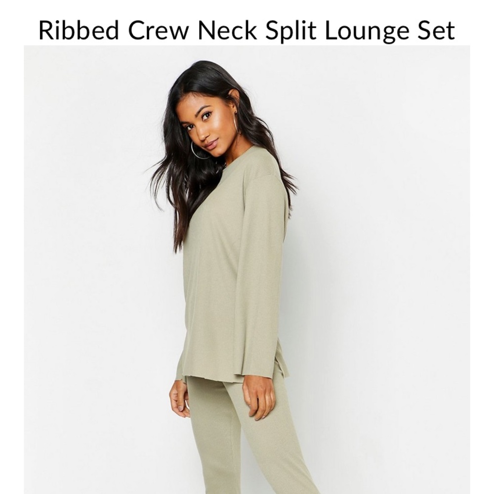 Boohoo Ribbed crew neck split lounge set